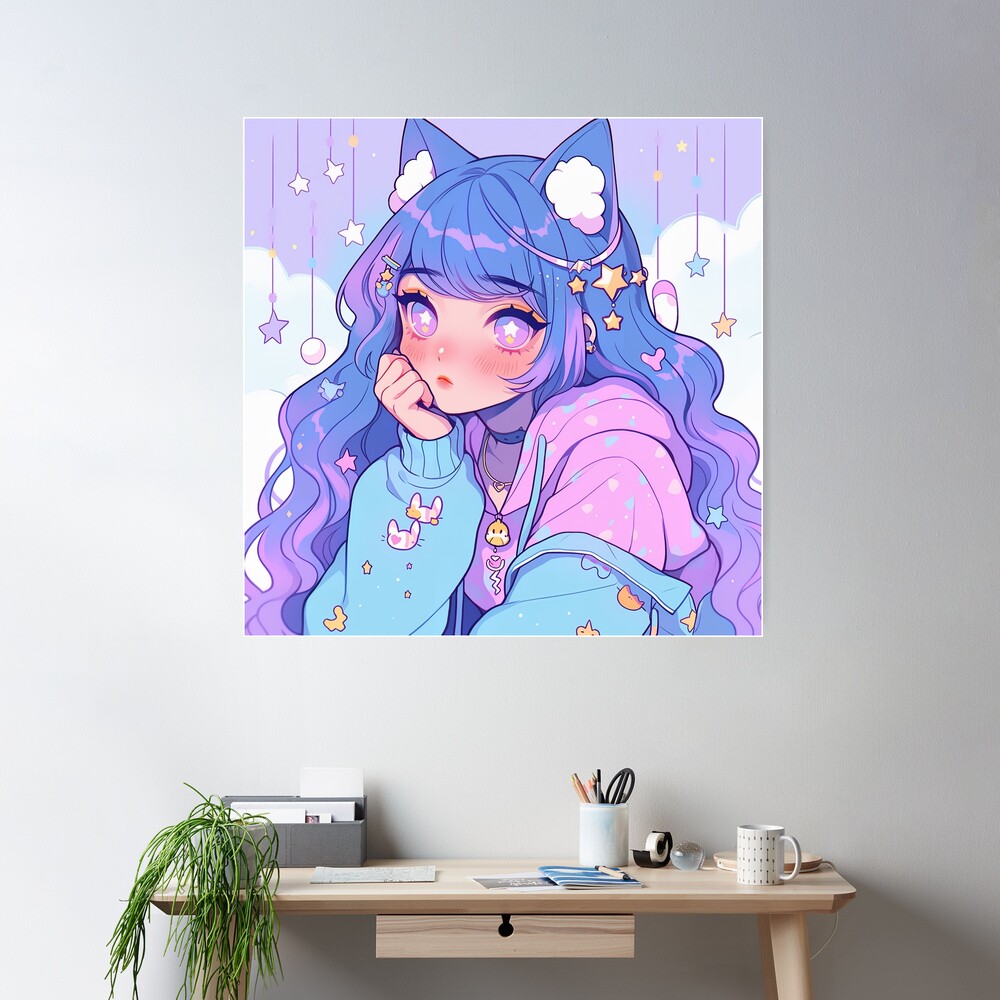 Kawaii Pastel Pink Purple Cloudy Neko Anime Girl