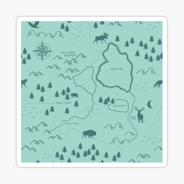Vista previa del artículo con la obra «Mapa dibujado a mano de color azul aguamarina, bosque de bosque de aventuras, camping, animales salvajes», diseñado y vendido por cateandrainn.