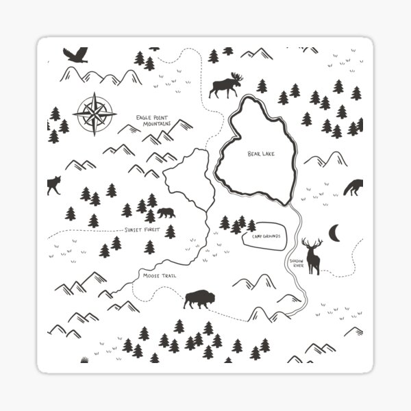 Vista previa del artículo con la obra «Mapa dibujado a mano en blanco y negro, Adventure Woodland Forest, Camping, Animales salvajes», diseñado y vendido por cateandrainn.