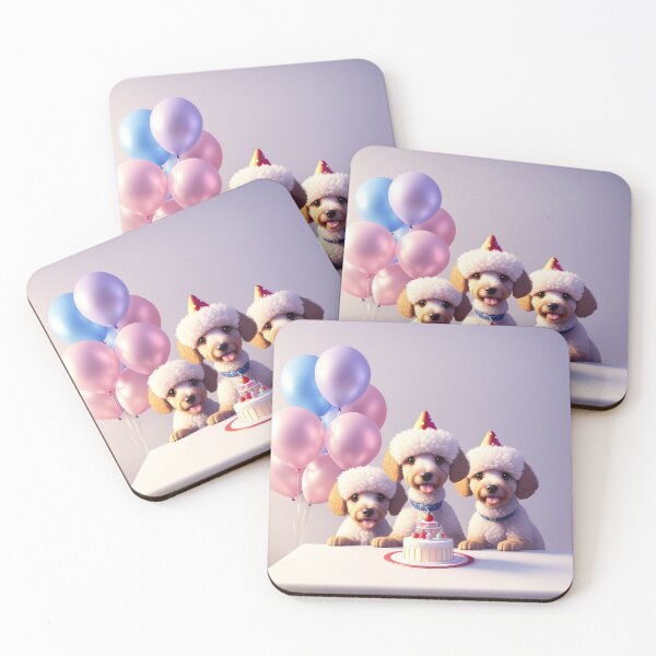 Item preview, Portrait of a poddle puppy at a birthday party with party hats designed and sold by Tio-Tecun.