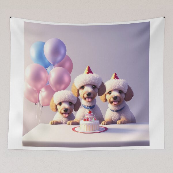Item preview, Portrait of a poddle puppy at a birthday party with party hats designed and sold by Tio-Tecun.