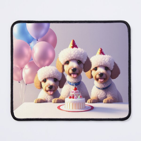 Item preview, Portrait of a poddle puppy at a birthday party with party hats designed and sold by Tio-Tecun.