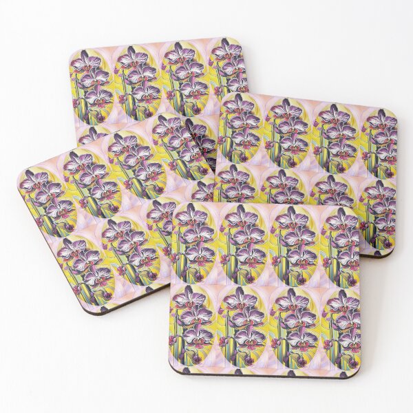 Item preview, purple and white orchids in height, painting style, framed in an oval on a yellow background designed and sold by Creativesphotos.