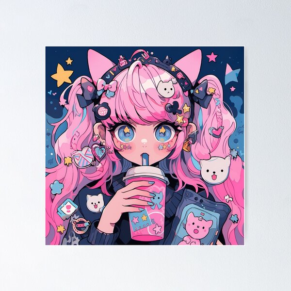 Item preview, Cute Pink Kitty Anime Girl Drinking Juice designed and sold by bubblegoth.