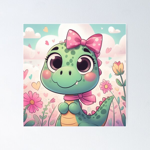 Vista previa del artículo con la obra «adorable dinosaurio verde y rosa con un lazo», diseñado y vendido por SaraDatCool.