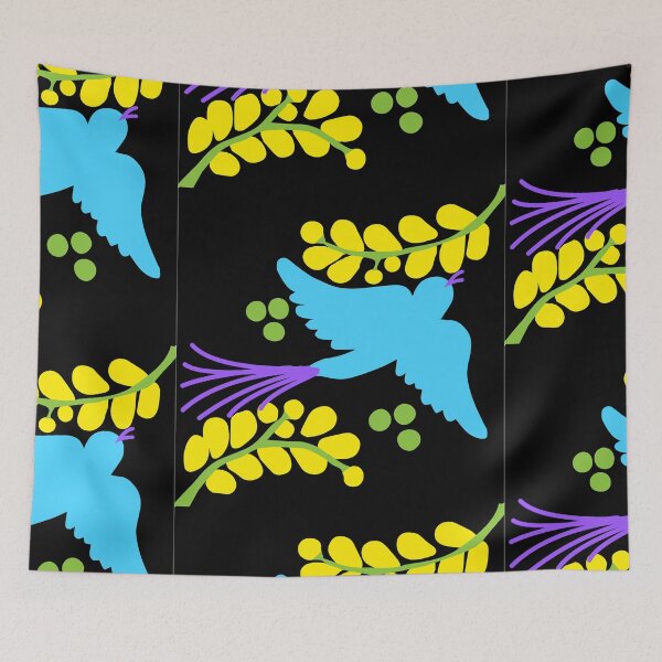 Item preview, Talavera bird 11, cyan on black, beautiful flying blue bird, long tail designed and sold by elizdesign.
