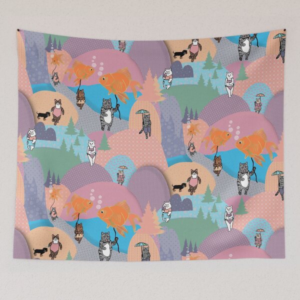 Item preview, Surreal Cats in bathing suits with Goldfish Ballons designed and sold by Quick Brown Fox Canada.