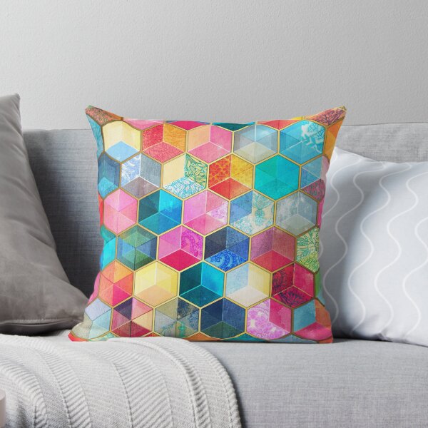 Crystal Bohemian Honeycomb Cubes - colorful hexagon pattern Throw Pillow