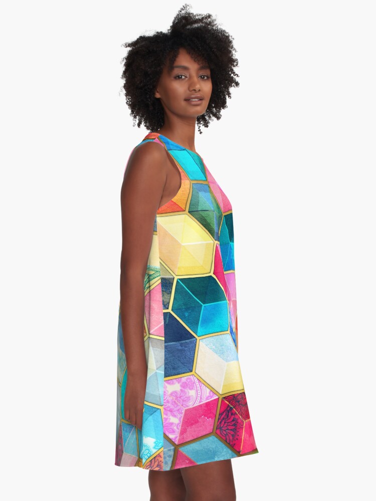Alternate view of Crystal Bohemian Honeycomb Cubes - colorful hexagon pattern A-Line Dress