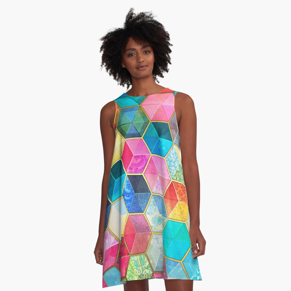 Crystal Bohemian Honeycomb Cubes - colorful hexagon pattern A-Line Dress