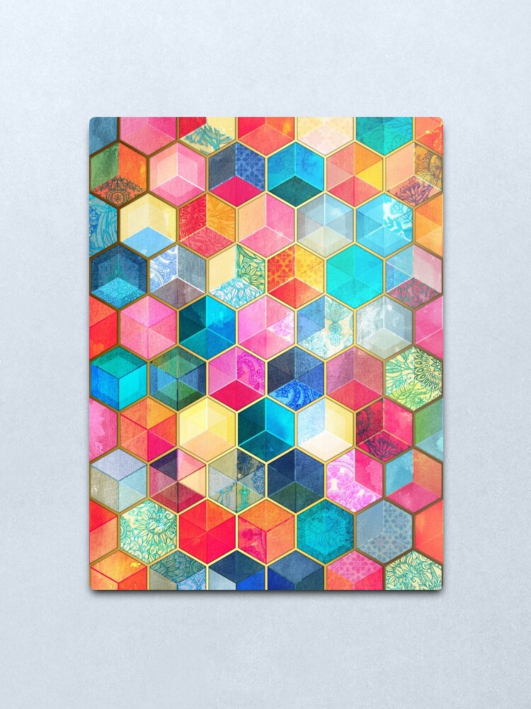 Alternate view of Crystal Bohemian Honeycomb Cubes - colorful hexagon pattern Metal Print