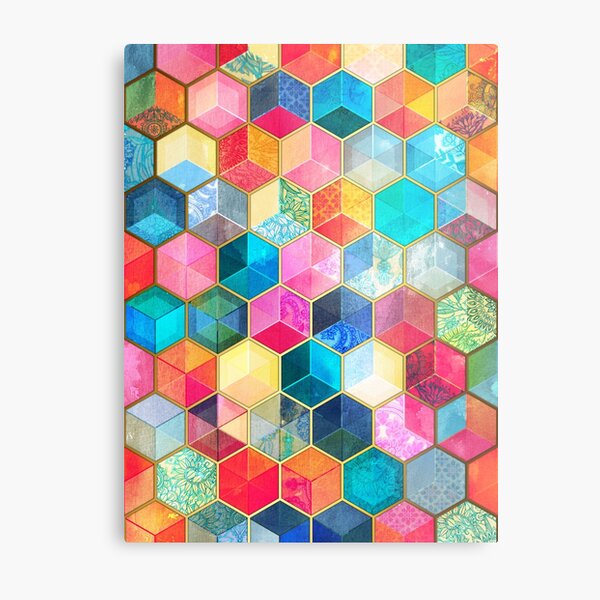 Crystal Bohemian Honeycomb Cubes - colorful hexagon pattern Metal Print