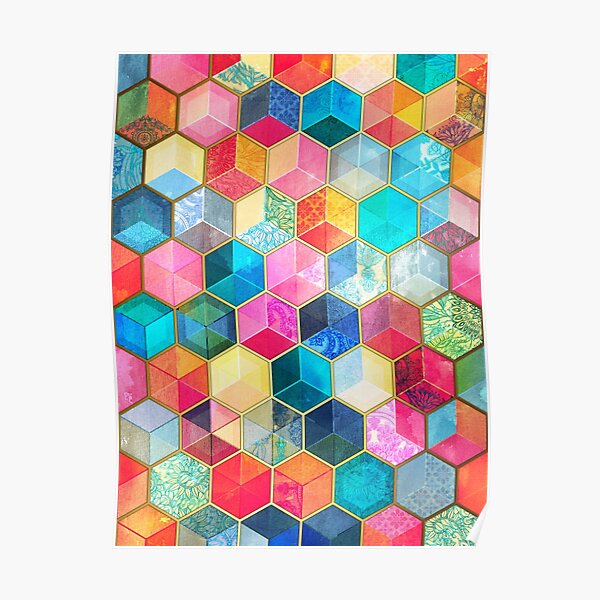 Crystal Bohemian Honeycomb Cubes - colorful hexagon pattern Poster