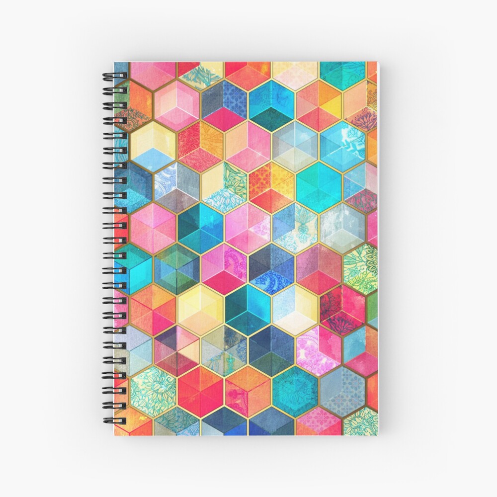Crystal Bohemian Honeycomb Cubes - colorful hexagon pattern Spiral Notebook
