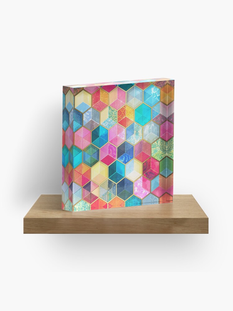 Thumbnail 1 of 5, Acrylic Block, Crystal Bohemian Honeycomb Cubes - colorful hexagon pattern designed and sold by micklyn.