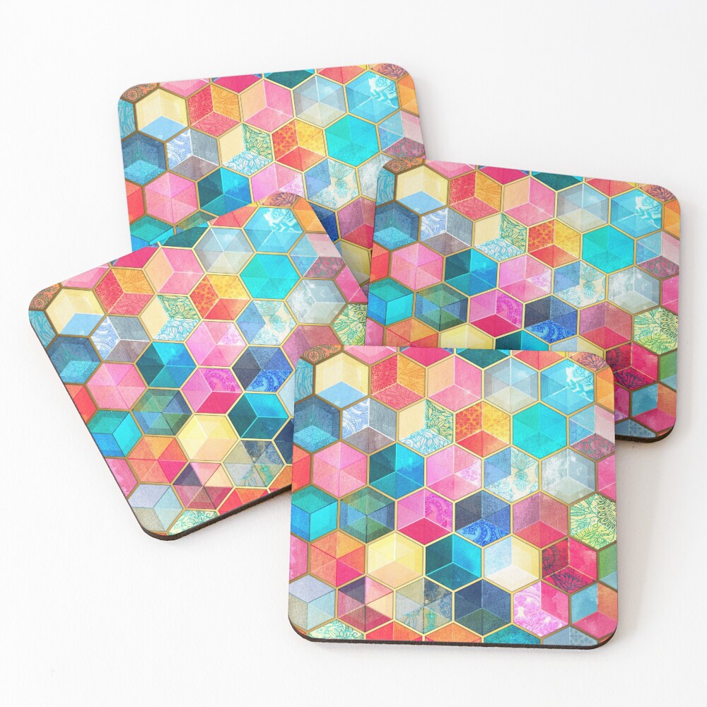 Crystal Bohemian Honeycomb Cubes - colorful hexagon pattern Coasters (Set of 4)