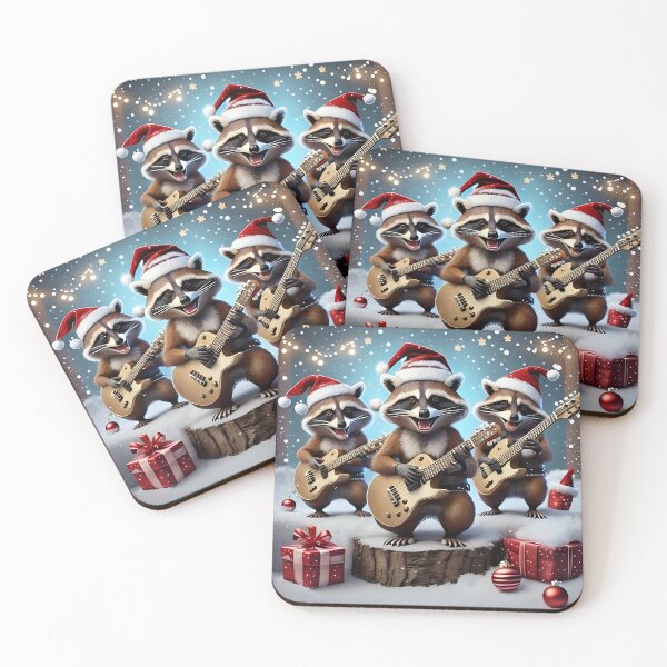 Item preview, three Christmas raccoons playing guitar designed and sold by Meandmyshop.