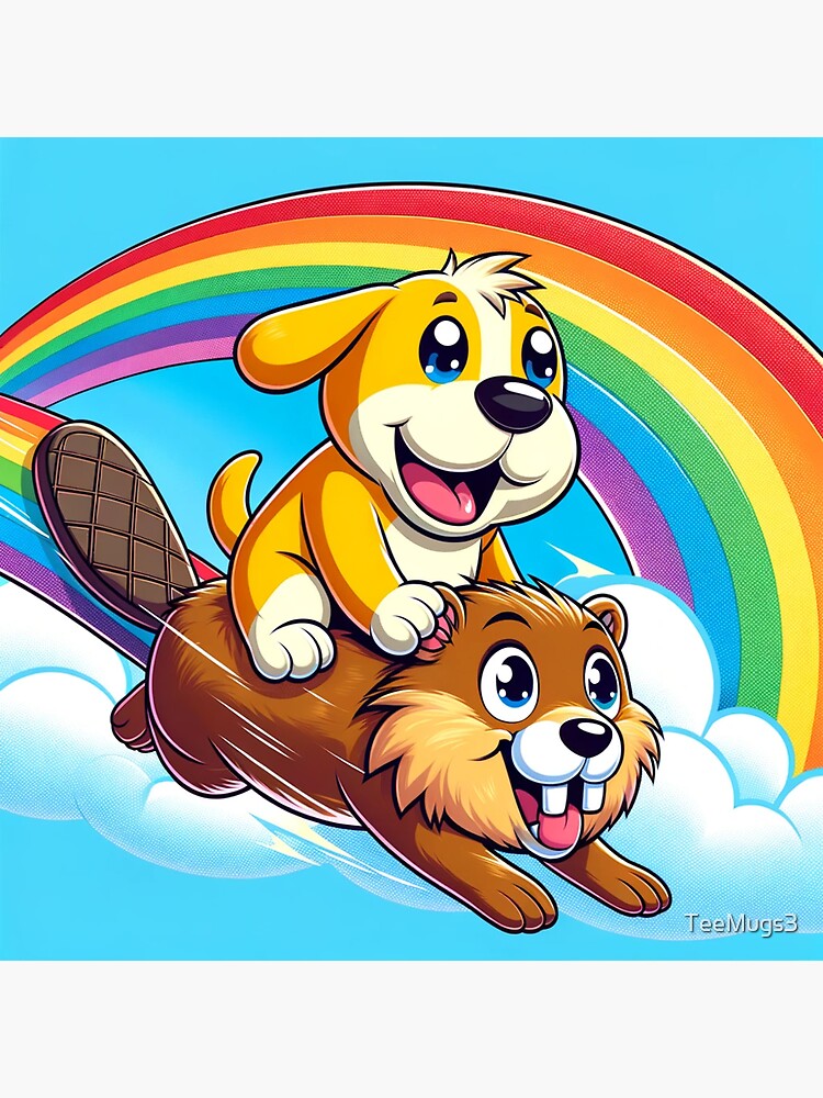 Thumbnail 3 of 3, Sticker, Dog Riding Beaver Down Rainbow designed and sold by TeeMugs3.