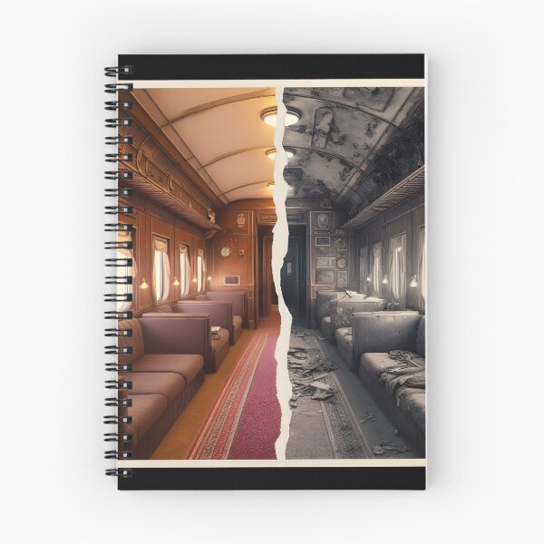 Artikelvorschau, Illustration mit einem neuen und einem alten, beschädigten Orient Express entworfen und verkauft von AI-Only Creations.