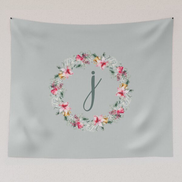 Aperçu de l'œuvre Poinsettia personnalisé : couronne de Noël monogramme J créée et vendue par EmeraldeaDesign.