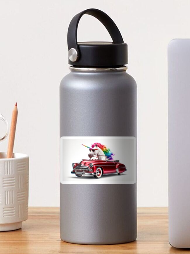 Thumbnail 1 of 3, Sticker, Unicorn Driving Vintage Car designed and sold by TeeMugs3.