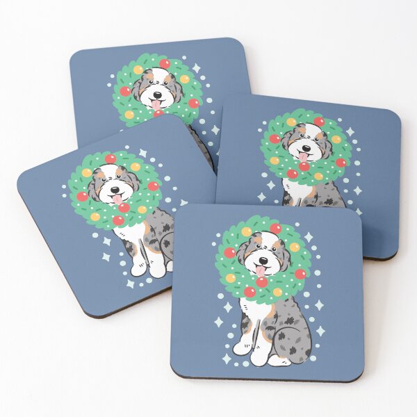 Item preview, Merry Christmas Blue Merle Tan Aussiedoodle Aussie Doodle Dog designed and sold by Lulupainting.