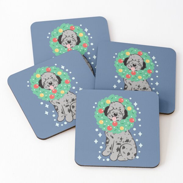 Item preview, Merry Christmas Blue Merle Silver Aussiedoodle Aussie Doodle Dog designed and sold by Lulupainting.