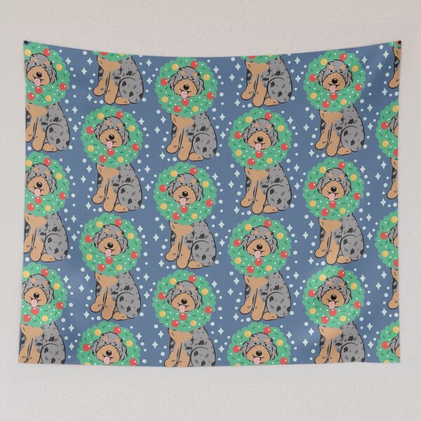Item preview, Merry Christmas Blue Merle Tan Aussiedoodle Aussie Doodle Dog 2 designed and sold by Lulupainting.