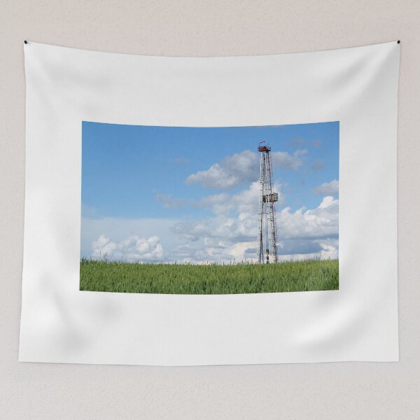 Item preview, oil drilling rig on green wheat field designed and sold by goceris.
