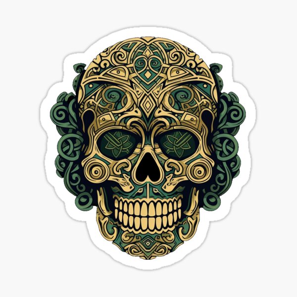Celtic Knotwork Skull Green And Gold Sticker