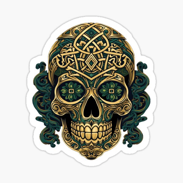 Green And Gold Decorative Skull With Celtic Knotwork Sticker