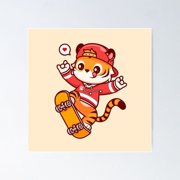 Item preview, Cute Tiger Playing Skateboard with Metal Hand Cartoon Vector Icon Illustration designed and sold by hjian8219.