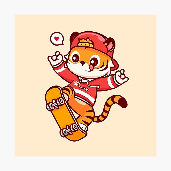 Item preview, Cute Tiger Playing Skateboard with Metal Hand Cartoon Vector Icon Illustration designed and sold by hjian8219.