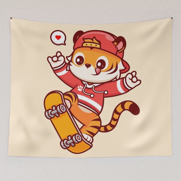 Item preview, Cute Tiger Playing Skateboard with Metal Hand Cartoon Vector Icon Illustration designed and sold by hjian8219.