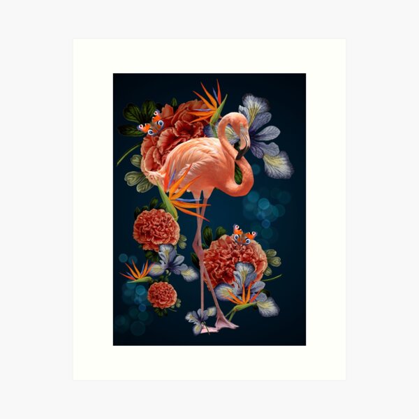 Flamingo with vintage style flowers dark Art Print