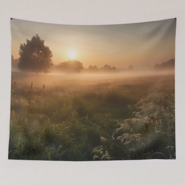 Item preview, Sunrise over a green meadow fog rises in the summer designed and sold by AndrewWorld.