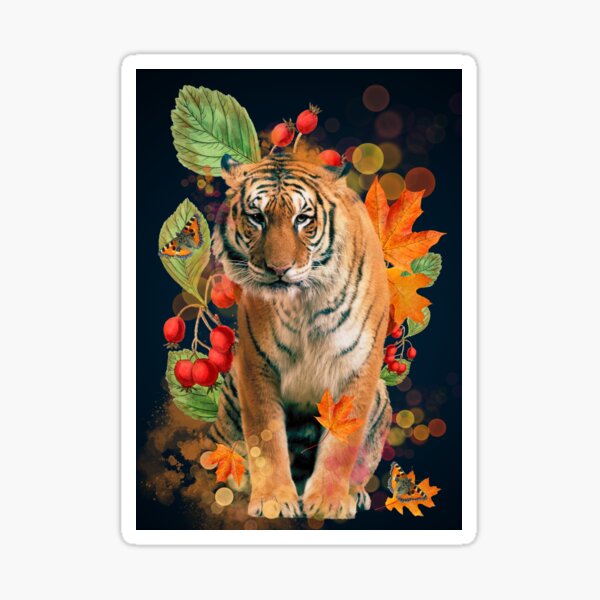 Tiger with rosehips and autumn leaves Sticker