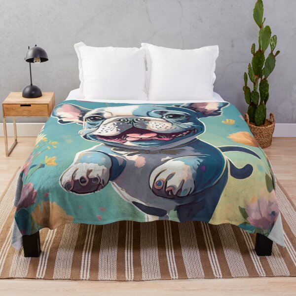 Item preview, Cute happy blue merle french bulldog flying, flowers in background designed and sold by fotofeast.