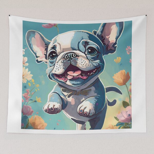Item preview, Cute happy blue merle french bulldog flying, flowers in background designed and sold by fotofeast.