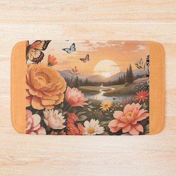 Item preview, Orange and Salmon-colored Flowers and Butterflies Framing a Stunning Sunset designed and sold by Hanlar.