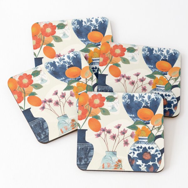 Item preview, Ornate Botanical Vessels: A Fusion of Fruit and Floral Motifs - Orange, Blue, Beige designed and sold by 21 Dragonflies.