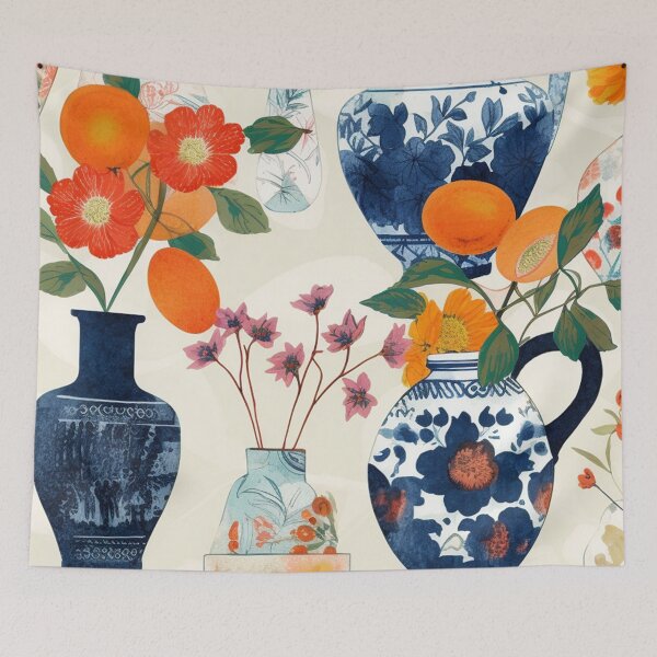 Item preview, Ornate Botanical Vessels: A Fusion of Fruit and Floral Motifs - Orange, Blue, Beige designed and sold by 21 Tulips.