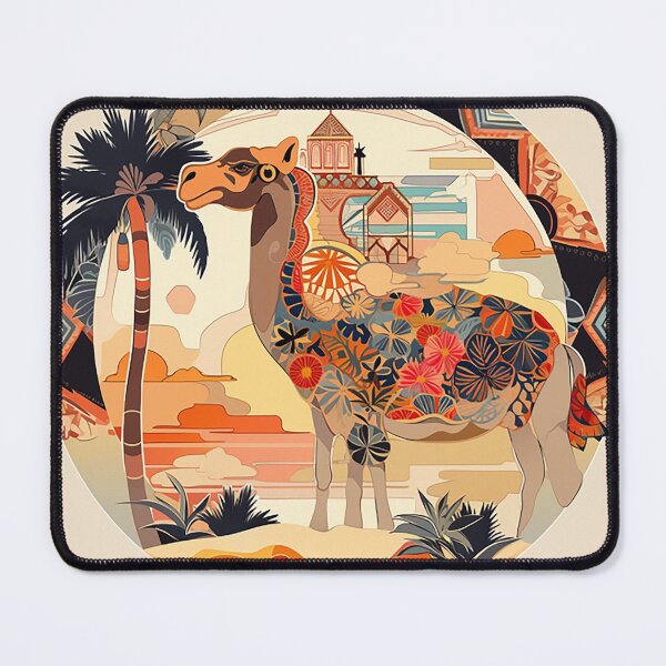 Artikelvorschau, Oasis Mirage Camel: Palmenmuster und Wüstenblüten-Akzente entworfen und verkauft von PaintbrushPlace.