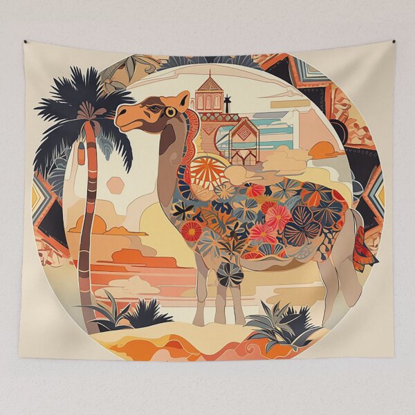 Item preview, Oasis Mirage Camel: Palm Patterns & Desert Bloom Accents designed and sold by PaintbrushPlace.