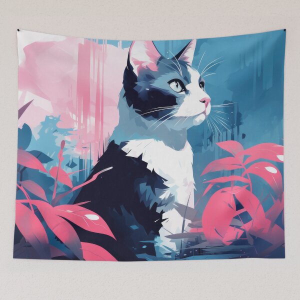 Item preview, Tuxedo Cat in Pink and Blue Jungle designed and sold by DreamyDaisy.