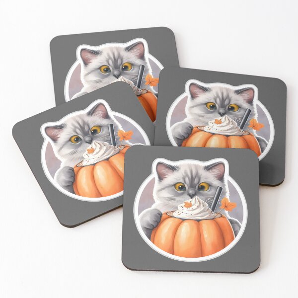 Item preview, A gray cat with a pumpkin spice latte with whipped cream and a pumpkin designed and sold by shirtsmugslife.