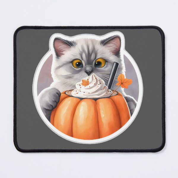 Item preview, A gray cat with a pumpkin spice latte with whipped cream and a pumpkin designed and sold by shirtsmugslife.