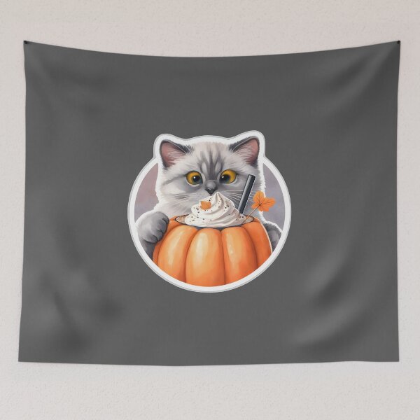 Item preview, A gray cat with a pumpkin spice latte with whipped cream and a pumpkin designed and sold by shirtsmugslife.
