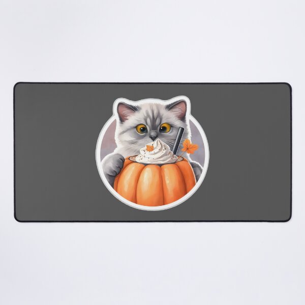 Item preview, A gray cat with a pumpkin spice latte with whipped cream and a pumpkin designed and sold by shirtsmugslife.