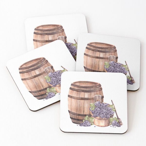 Item preview, Wine barrel with wooden basket, crusher, leaves, grapes harvest. Watercolor hand draw illustration  designed and sold by BartolArt.